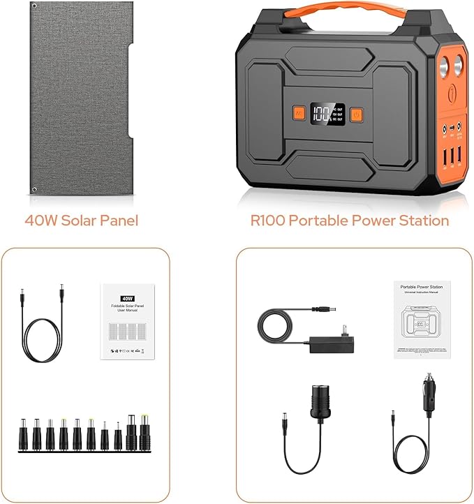 Solar Powered Generator 200W Peak/100W Rated, Portable Solar Generator Power Station with Solar Panels 40W Included, 146Wh Solar Power Bank with AC Outlet 110V for Home Use Camping Outdoor Adventure