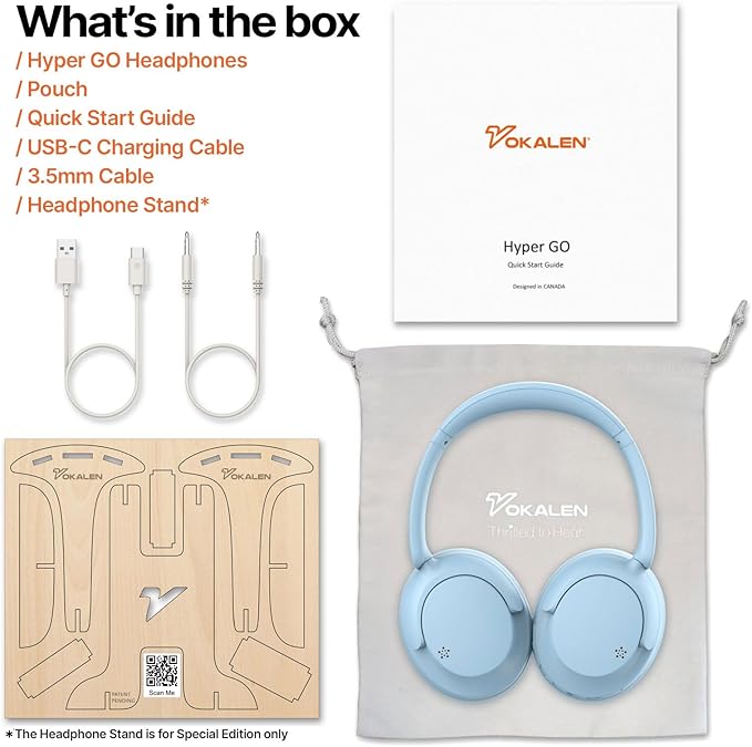 VOKALEN Hyper GO Wireless Over-Ear Noise Cancelling Headphones with Mic, 60H Playtime, Bluetooth Headset, Hi Res Audio, Deep360 Spatial Audio, Ultra-Lightweight for Travel, Work, Study (Sky Blue)