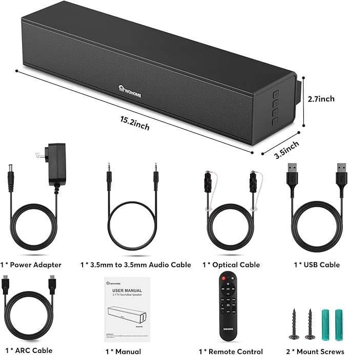 Wohome 2.1 Sound Bar for Smart TV with Built-in Subwoofer, 6 Levels Voice Enhancement, 15 Inches Small TV Soundbar Speakers with Bluetooth 5.3/ARC/Optical/AUX/USB Connection, 3 EQ Modes, Wall Mount