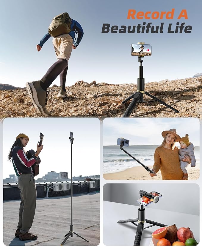 Phone Tripod & Selfie Stick with Remote, Portable, Lightweight for Video Recording Vlog, Extendable Travel Tripod Stand Compatible with iPhone Android, Black, 62"