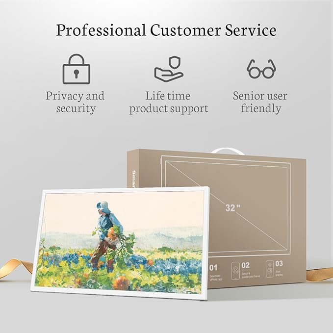 BSIMB Large Digital Picture Frame 32 Inch, 64GB 1920x1080 FHD WiFi Digital Photo Frame Electronic Display, Wall Mount Included, Share Pictures/Videos via App Easy Setup Gifts for Mom(Non-Touch), White