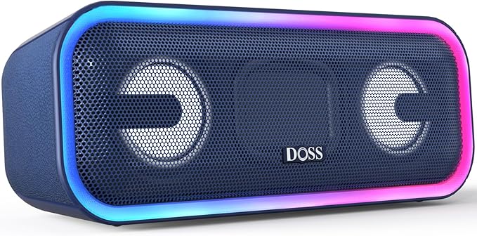 DOSS SoundBox Pro+ Bluetooth Speaker with 24W Impressive Sound, Booming Bass, IPX6 Waterproof, 15Hrs Playtime, Wireless Stereo Pairing, Mixed Colors Lights, 66 FT- Blue