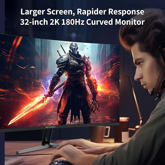 SANSUI 32-Inch Curved Gaming Monitor WQHD 2560 x 1440 180Hz Curved 1500R -Fast VA,1ms(OD), HDR, 300nits, sRGB 125%, DCI-P3 95%, FreeSync, HDMI x2, DP1.4x2(DP Cable Included)