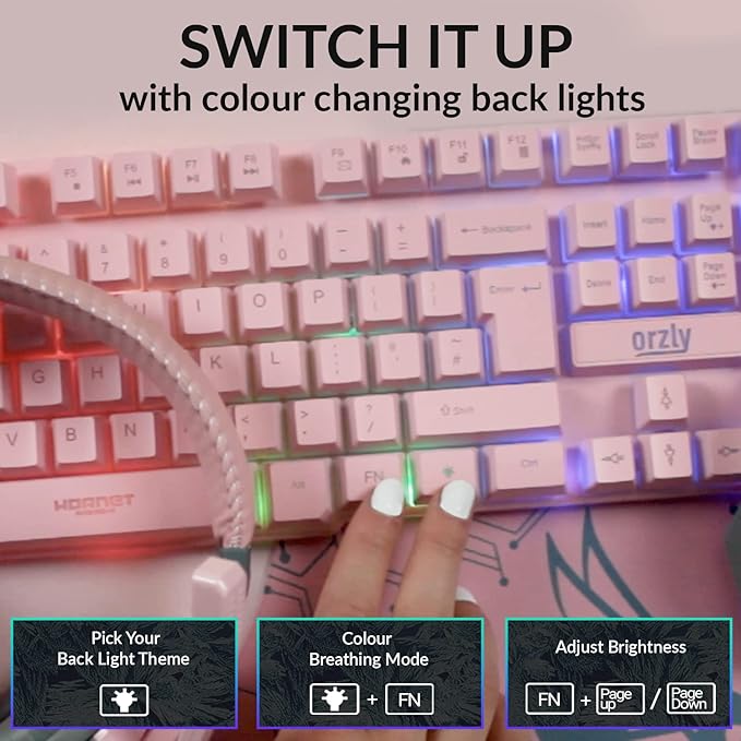 Orzly Pink Gaming Keyboard RGB USB Wired Rainbow Keyboard Designed for PC Gamers, PS4, PS5, Laptop, Xbox, Nintendo Switch, RX-250 Hornet Edition