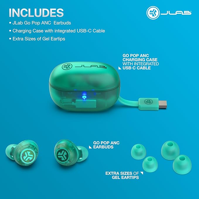 JLab Go Pop ANC True Wireless Earbuds & Charging Case, Transparent Teal, Active Noise Cancelling, 10mm Drivers, Dual Connect, Customize Your Sound with App, Be Aware Mode, MEMS Microphone