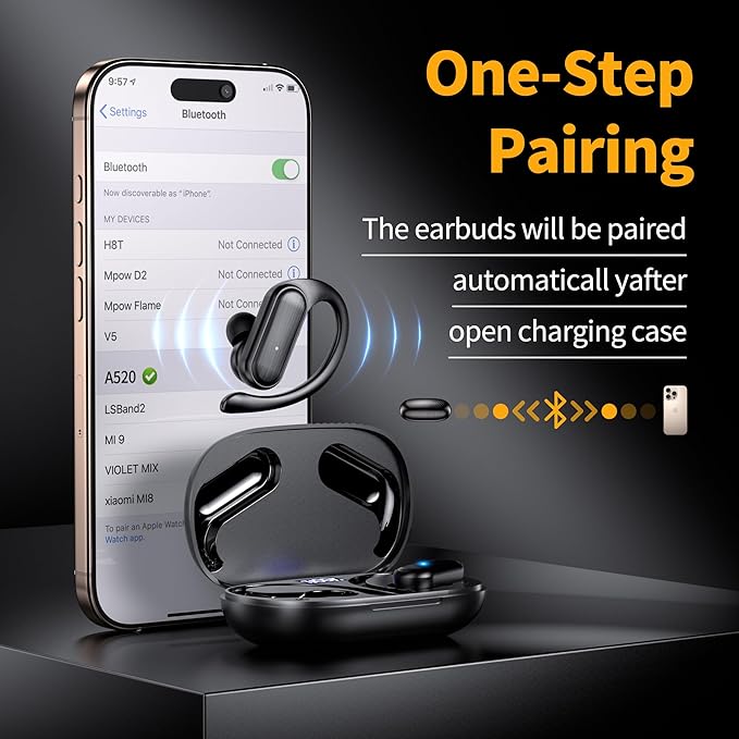 Wireless Earbuds,Bluetooth Headphones 80hrs Play Back Sport Earphones with LED Display Over-Ear Buds with Earhooks Built-in Mic IPX7 Waterproof Headset for Workout Grey -Black