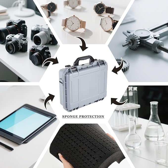 14.3 x 11.4 x 4.5 Inch Waterproof Hard Case with DIY Customizable Foam Insert Portable Protective Case with Knife for Camera Drones Equipments Tools Test Instruments (Gray)
