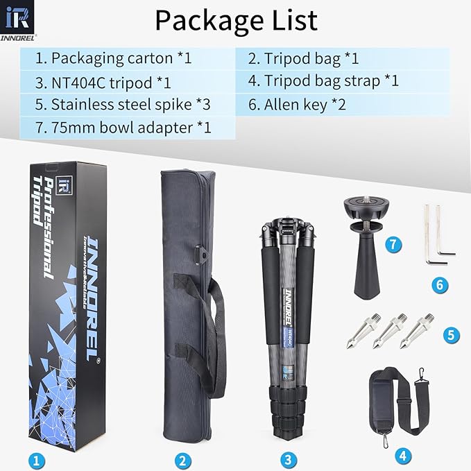 INNOREL NT404C Carbon Fiber Tripod Professional Birdwatching Heavy Duty Camera 66lb/30kg Max Load 40mm Max Tube Diameter Bowl Tripod Birdwatching Camera Stand with 75mm Universal Bowl Adapter