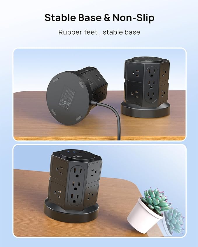 TROND Tower Surge Protector Power Strip with USB, 14 Widely Spaced Outlets, 2-USB C and 2 USB-A, 2100J Surge Protection, 10 Ft Extension Cord with Multiple Outlets Home, Office, Dorm Essentials Black
