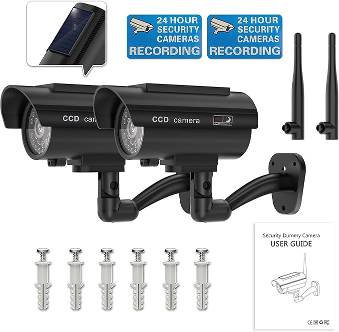 WALI Dummy Fake Camera, Solar Powered Fake Security Camera with LED Light, Simulated Surveillance Security CCTV Dome Cameras with Antenna and Warning Sticker Indoor Outdoor (SOL-TCB2), 2 Packs, Black