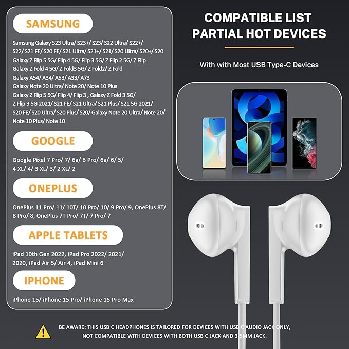 USB C Headphones Type C Earbuds for iPhone 17 Pro/ 17 Air 15/16 Pro/ 15 Pro Max/Samsung S25 Headphones with Microphone Noise Isolation Stereo Wired Earphones for Samsung Galaxy S24 S23 S22 Pixel 9 8a