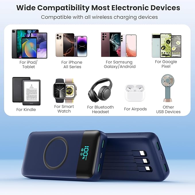 Wireless Portable Charger 40800mAh for iPhone with 3 Built-in Cables,7-in-1 15W Wireless Charging USB C Power Bank,LCD Display 25W PD QC 4.0 Fast Charging Battery Pack for iPhone 16/15/14 -Dark Blue