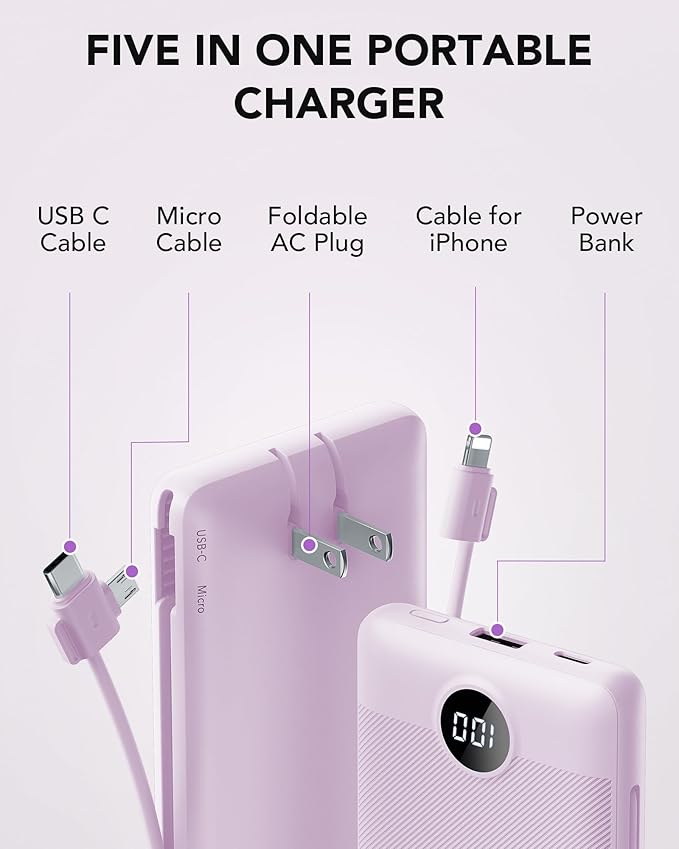 VRURC Portable Charger Built-in Cables and AC Wall Plug, USB C Power Bank 10000mAh, Travel Essentials Phone Charger Compact Lightweight External Battery Pack for Smart Phones, Tablets etc-Purple