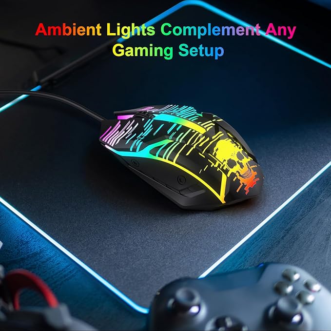GAME PUNK Wired Gaming Mouse, Ergonomic RGB Mouse with Colorful Lights, Plug-and-Play Design, Tangle-Free Cable, Textured Scroll Wheel, USB-A Tip, Compatible with PS5, Xbox Series X/S, PC, and Laptop
