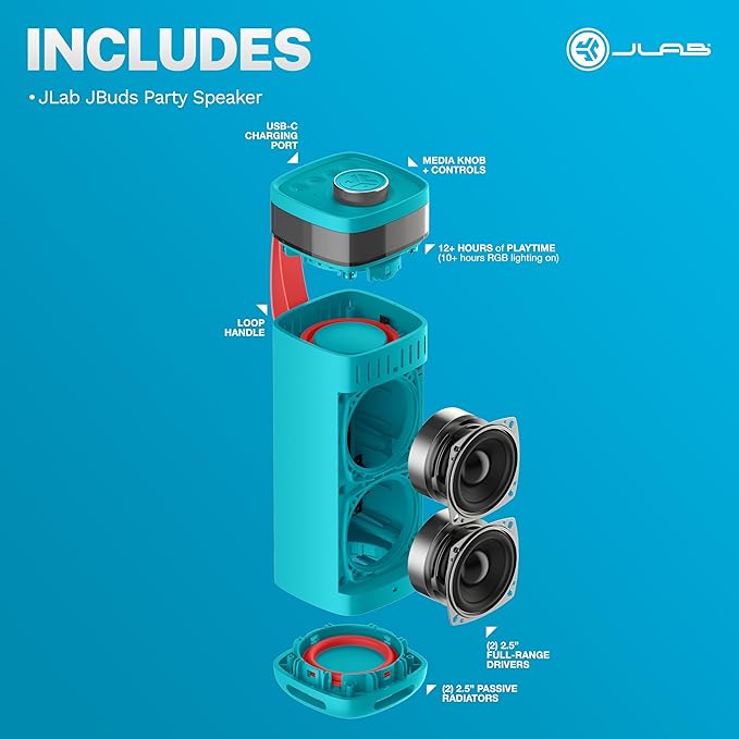 JLab JBuds Party Portable Bluetooth Speaker, 2 Full-Range Drivers + 2 Passive Woofers, IP56 Waterproof, 12 Hours Playtime, Connect Multiple Speakers, Custom Sound + RGB Lighting via App, Cyan