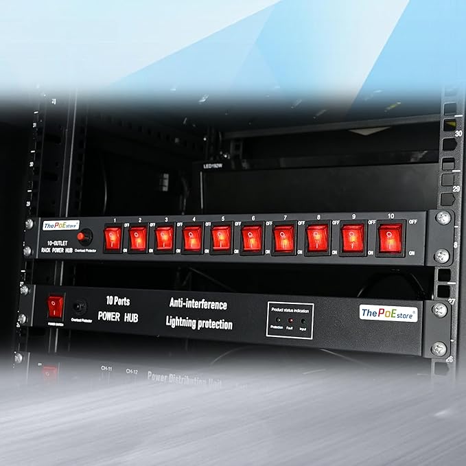 10 Outlets Horizontal 1U PDU Rackmount Power Strip - 10 Individual Led Switches, 100V-250V-1800 Joules, w/ 6 ft Power Cord for Office、Home and Network Server