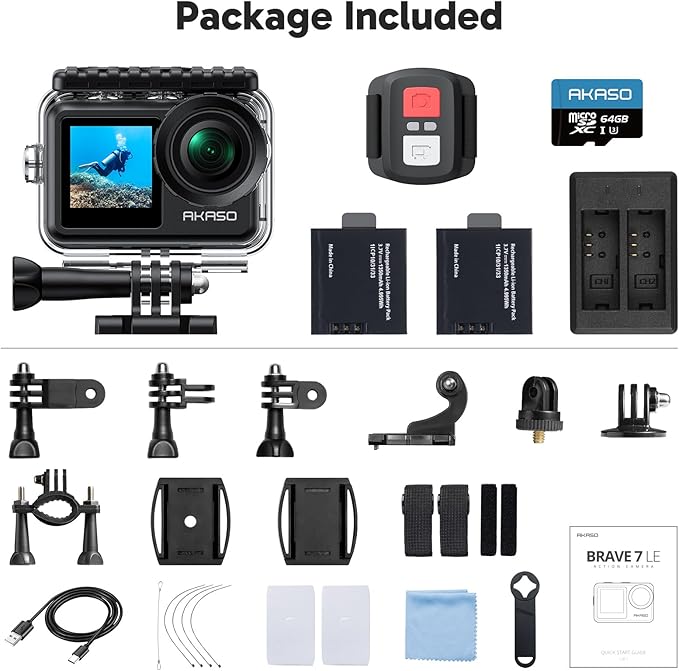 AKASO Brave 7 LE 4K30fps Action Camera with 64GB MicroSDXC U3 Memory Card Accessories Kit Bundle Ultra HD 131FT Waterproof Camera EIS 2.0 WiFi Remote Control Zoom Underwater Camera