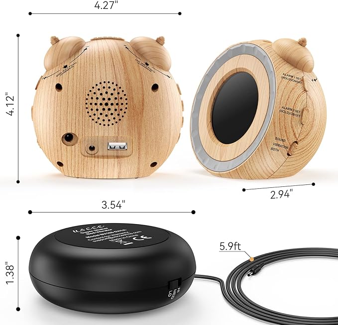 uscce Dual Extra Loud Alarm Clock with Bed Shaker - 0-100% Dimmer, Vibrating Alarm Clock for Heavy Sleepers or Hearing Impaired, Easy to Set, Snooze, Battery Backup, Wake with a Shake(Wood Grain)