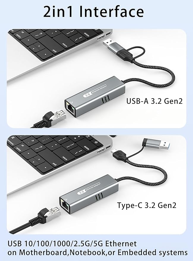5G USB 3.2 Ethernet Adapter with RTL8157, 2-in-1 USB-A/Type-C to 5Gbps Network Card RJ45 LAN Converter for PC Laptop Windows Mac OS Linux(5Gbps Need Type-C > 3.2)