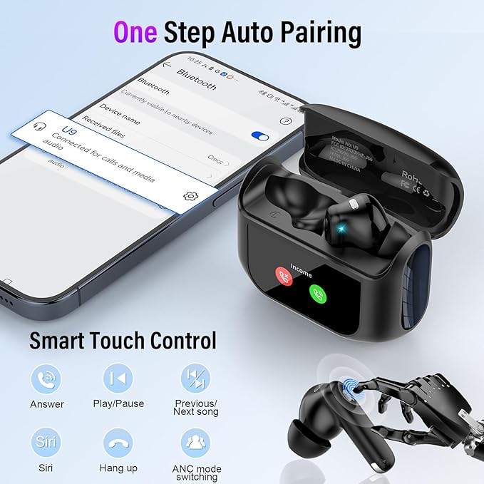 Wireless Earbuds, Bluetooth 5.4 Ear Buds with Multifunctional Touch Screen, 48H Bass Stereo Headphones with ANC/ENC Noise Cancelling/Transparency Mode, IPX7 Earphones with 5 EQ Modes for iOS Android