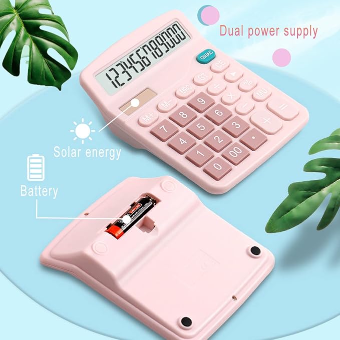 YOUHO Pink Office Desk Calculator, 12-bit Solar Battery Dual Power Standard Function Electronic Calculator with Large LCD Display (1PACK,Pink)