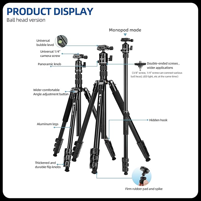 Fotopro 73" Camera Tripod, Aluminum Compact Travel Tripod and Monopod with 360° Ball Head Quick Release Plate, Professional Camera Tripod for DSLR, A4I A5I (Blue, 80 Inch)