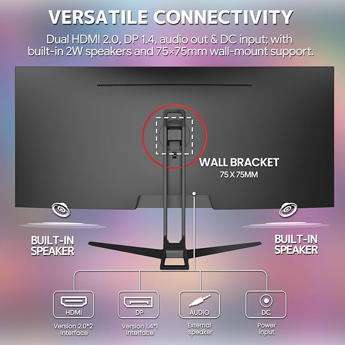 CRUA 34'' Ultrawide Gaming Monitor, 21:9 UWQHD 3440x1440 80Hz IPS Panel Computer Monitors with Built-in Speakers, Supports FreeSync, 120% sRGB, Blue Light Filter, HDMI 2.0 & DP 1.4, Wall-Mountable
