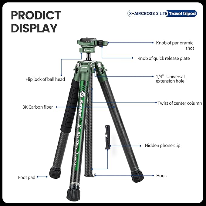 Fotopro Carbon Fiber Tripod 51 Inch 360 Degree Ball Head Quick Release Plate Lightweight Camera Tripod for Travel Tripod Folded Height Only 13.9",Max Loads up to 17.6lbs,Green