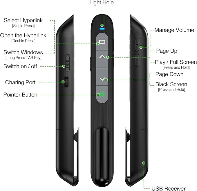 USB C Rechargeable Presentation Clicker with Green Light,Remote Clicker for Presentations Wireless Presenter Slide Changer PPT Advancer Pointer with Volume Control for Laptop Computer
