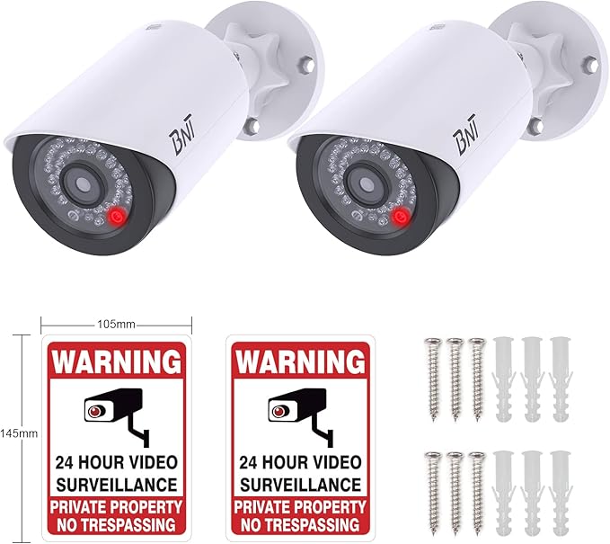 BNT Dummy Fake Camera, Surveillance Security CCTV Dome Camera, with One LED Light, Security Alarm Sticker Label (TC-W2), Security Camera Suitable for Indoor/Outdoor (2 Pack, White)
