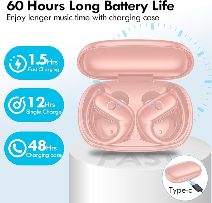 kurdene Wireless Earbuds Bluetooth Headphones Sport,Over Ear Buds with Deep Bass Sound,60Hrs Playtime Earphones Redesigned Comfort Fit with Earhooks for Running,Meeting,Workout-Pink