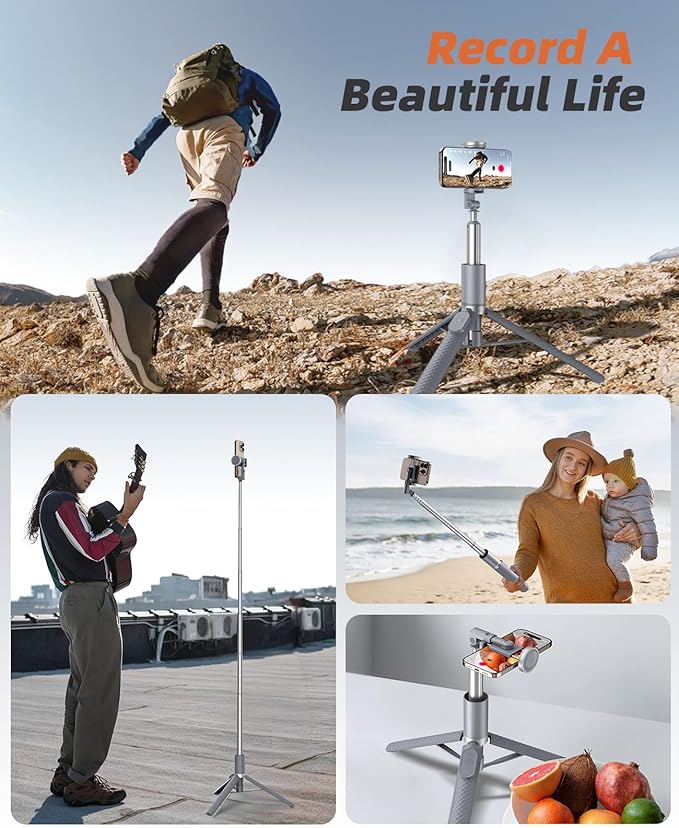 62" Phone Tripod & Selfie Stick, Tripod for iPhone with Remote, All-in-1 Cell Phone Stand, Portable, Extendable Stand for Selfies Video Recording Vlog, Compatible with iPhone Android (Grey)