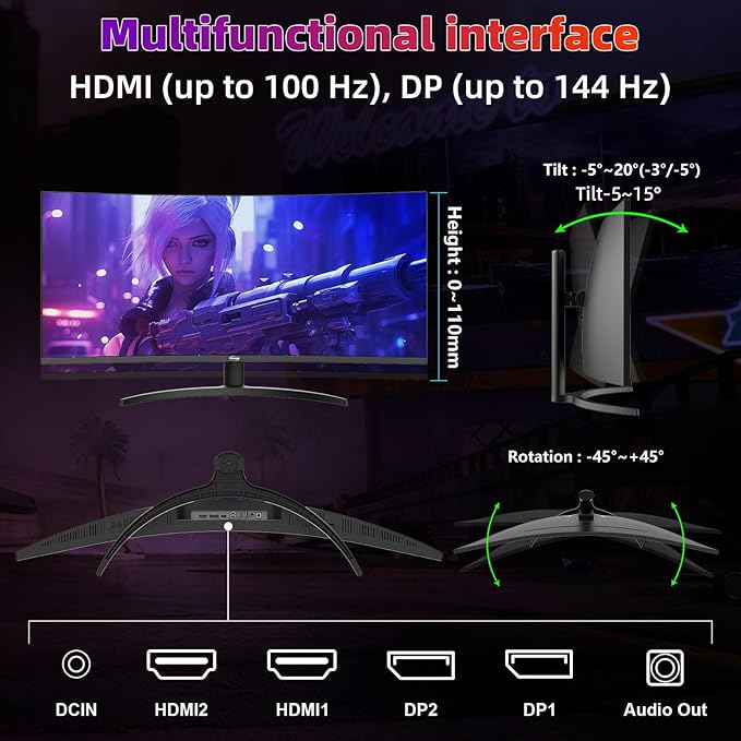 34 Inch 4K Curved Gaming Monitor, (3440x1440) 165Hz VA Panel Ultrawide Computer Monitor, HDR400, 1500R, FreeSync HDMI/DP and Built-in Speaker VESA 100 x 100mm