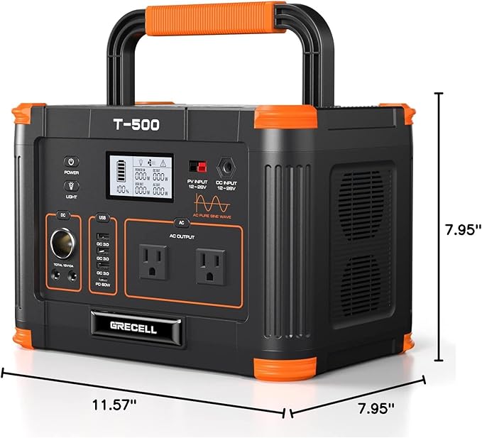 500W Portable Power Station, GRECELL Solar Generator 519Wh (Peak 1000W) Lithium Battery Power Generator with 2*110V AC Outlets, Mobile Battery Backup Pack for RV Trip Camping, Outdoor Adventure, Home