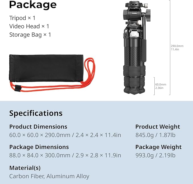 SmallRig Portable Carbon Fiber Tabletop Tripod Kit, 17'' Compact Mini Desktop Tripod with Video Head High Load-Bearing, Built-in QR Plate for Arca, Max Load 3kg / 6.6lb for Cameras, DSLR