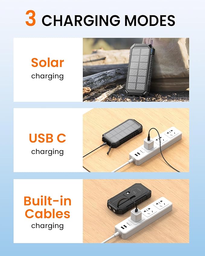 Riapow Solar Charger Power Bank 27000mAh Wireless Portable Charger, 22.5W Fast Charging Battery Bank Built in Cables, PD QC3.0 External Battery Pack with USB C for iPhone Tablet, Flashlight (Black