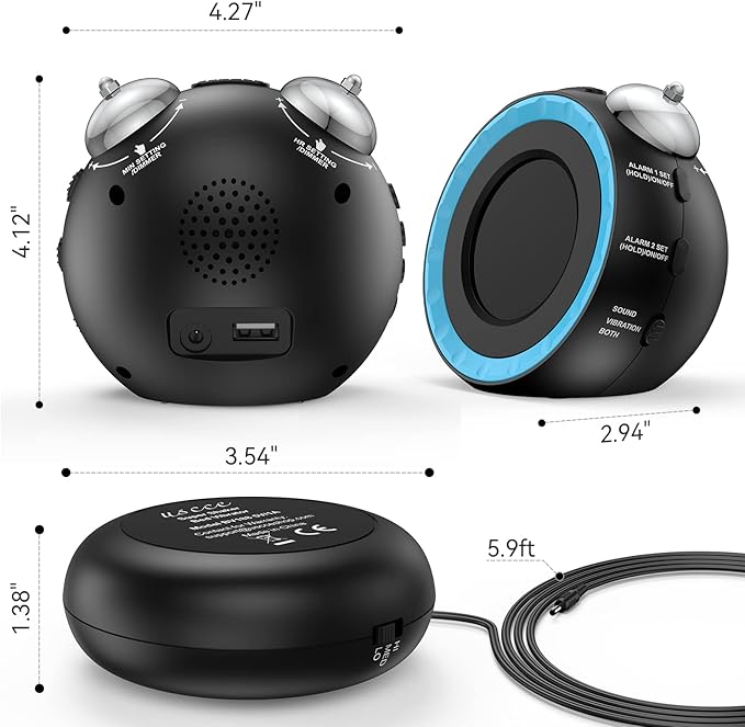 uscce Loud Dual Alarm Clock with Bed Shaker - 0-100% Dimmer, Vibrating Alarm Clock for Heavy Sleepers or Hearing Impaired, Easy to Set, USB Charging Port, Snooze, Battery Backup (Blue)