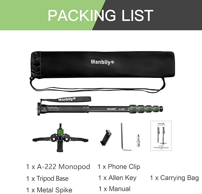 Manbily Camera Monopod with Feet, Aluminum Portable Travel Monopod with Removable Tripod Stand Base for DSLR Canon Nikon Sony Video Camcorder (Green)