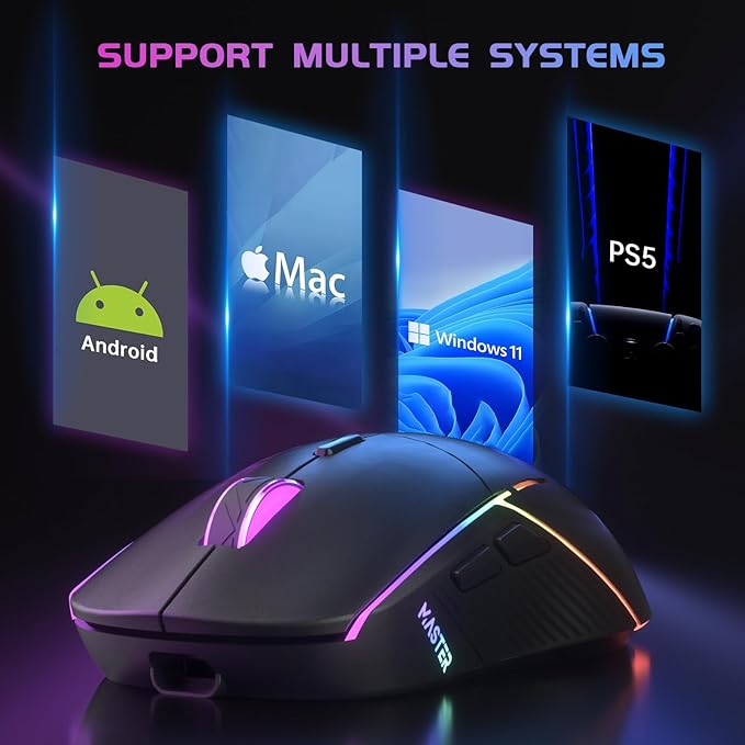 FFJ Wireless Gaming Mouse, 24000 DPI, Tri-Mode 2.4G/USB-C/Bluetooth 5.3 Gaming Mouse Wireless, RGB Programmable Mouse Gamer, 75Hrs Battery Life, Rechargeable Gaming Mice for PC, Mac, PS5, Xbox - Black