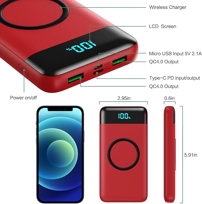 Wireless Portable Charger 30,800mAh 15W Wireless Charging 25W PD QC4.0 Fast Charging Smart LED Display USB-C Power Bank,4 Output& 2 Input External Battery Pack Compatible with iPhone,Samsung etc-Red
