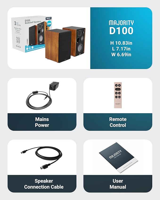 Majority Powered Bookshelf Speakers | 5.3 Bluetooth Stereo Speakers | 100W Active Bookshelf Speakers | Powered Studio Monitor Speakers with Xtra Bass & 3 Drivers D100