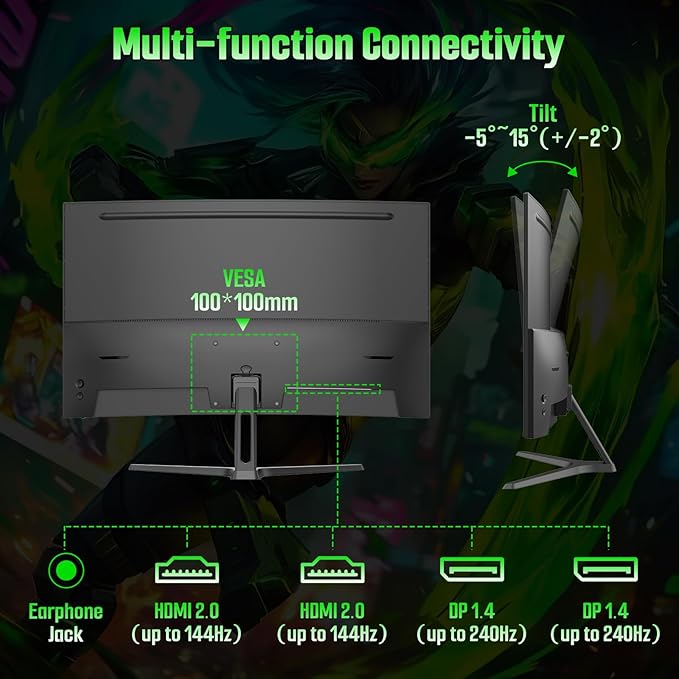 SANSUI 27 Inch Curved 240Hz Gaming Monitor, 2K WQHD 1500R Curved Computer Monitor, 120% sRGB, MPRT 1ms, Freesync, HDR, VESA(100 * 100mm),HDMI*2, DP1.4 * 2(DP Cable Included)