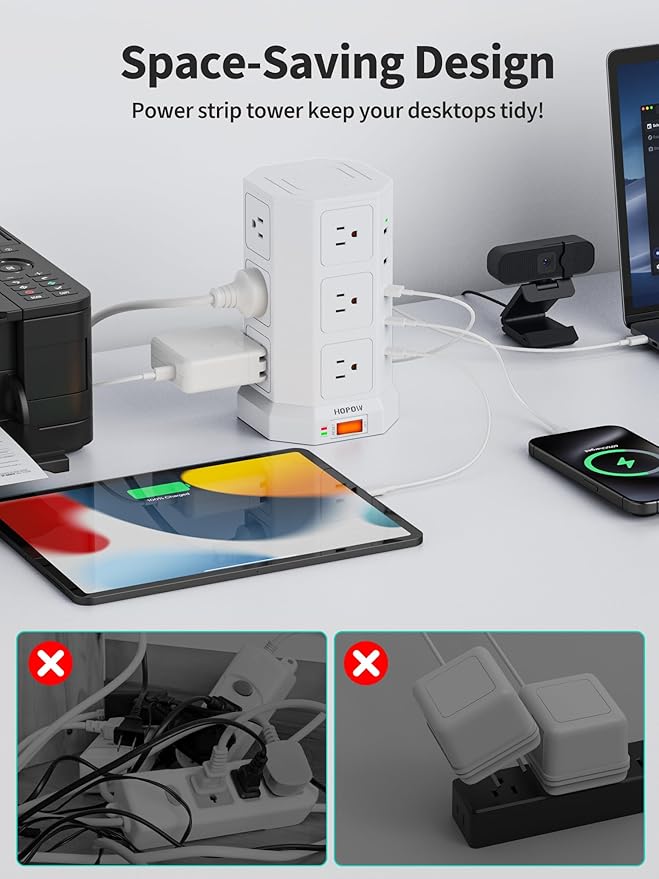 Surge Protector Power Strip - 12 AC Outlets & 5 USB (2 USB C), 1875W/15A, 1700J Surge Protector Tower, Extension Cord with Multiple Outlets, 6.5FT Charging Station for Home Office Dorm