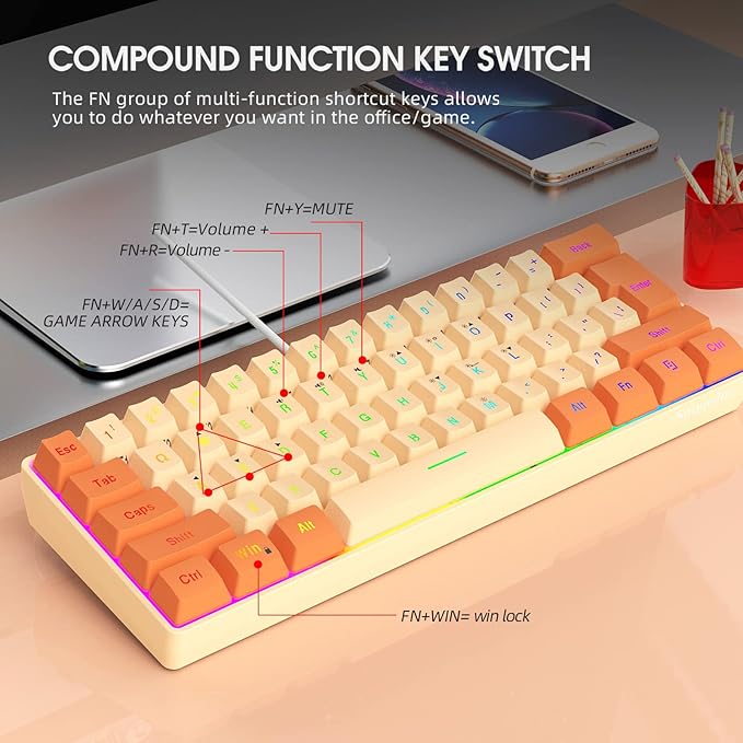 Snpurdiri 60% Wired Gaming Keyboard, RGB Backlit Ultra-Compact Mini Keyboard, Waterproof Mini Compact 61 Keys Keyboard for PC/Mac Gamer, Typist, Travel (Orange and Cream)