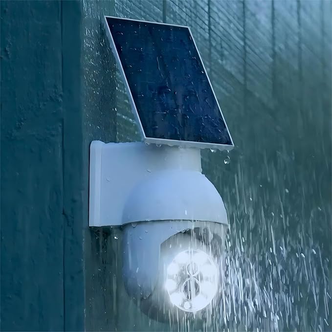 360-Degree Ultra-Bright Solar Light, Dummy CCTV Camera, Outdoor Motion Sensor Spotlight, IP66 Waterproof FloodLights, Wireless Decoy Fake PTZ Dome Security Camera for Porch Garden Patio Driveway