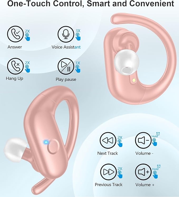 MOZOTER Wireless Earbuds Bluetooth Headphones Sport,Over Ear Buds with Deep Bass Sound,60Hrs Playtime Earphones Redesigned Comfort Fit with Earhooks for Running,Meeting,Workout- Pure Pink