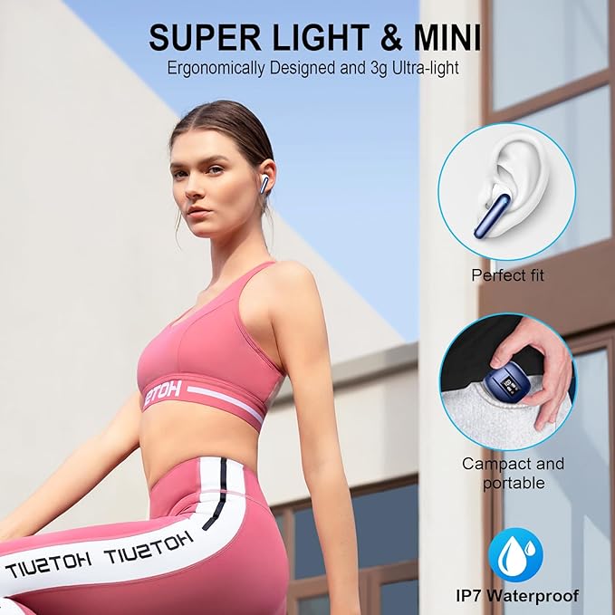 Wireless Earbuds, Bluetooth 5.4 Headphones, 48H, Stereo Ear Buds, LED Display Earphones with Mic, IP7 Waterproof In EarBud, Comfort Fit, Bluetooth Earbuds for Phone Android iOS, Sport, Walk, Blue