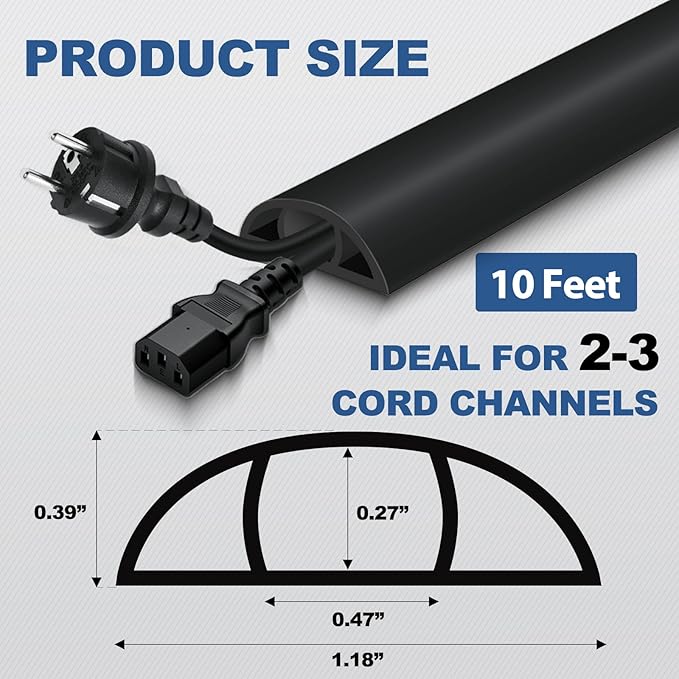 Floor Cord Cover for Wires on Floor Self Adhesive Cord Hider Floor Cable Management Wire Covers for Cords Protector Prevent Cable Trips Cord Cavity W 0.47" x H 0.27", Black, 10Ft