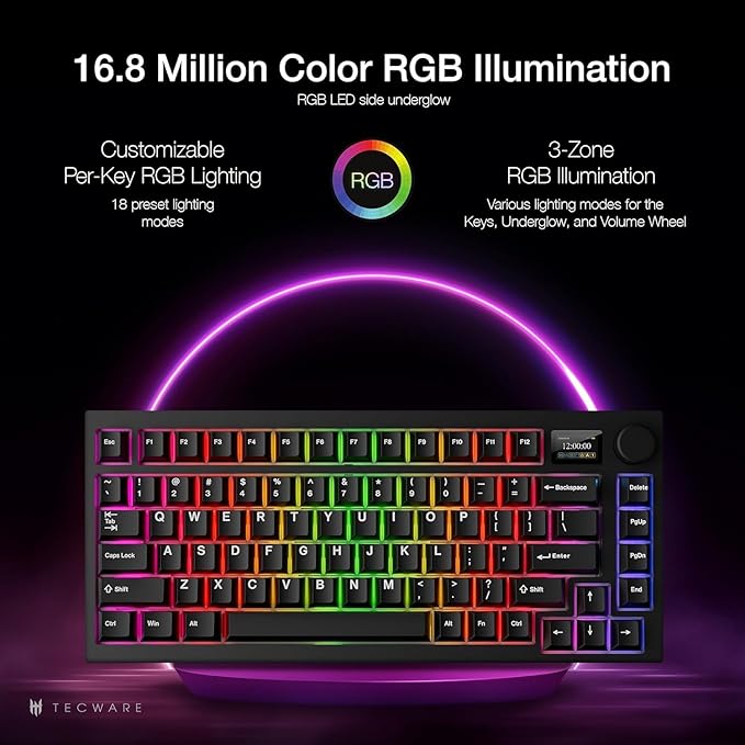 TECWARE Spectre 75% RGB Mechanical Gaming Keyboard with Customizable LCD Screen, Multi-Function Knob, Gasket Mount, 3 Mode Connectivity, South Face 5-Pin Universal Hot-Swappable Sockets (Ocean Gold)