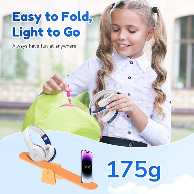 EarFun K2 Kids Bluetooth Headphones, Kids Headphones with Volume Limited, 40H Playtime, Built-in Mic, Stereo Sound, Foldable Over-Ear Headphone for School/Travel/iPad/Tablet, White